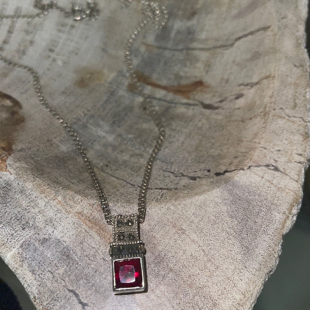 Sterling Silver Garnet/Marcasite Pendant Necklace